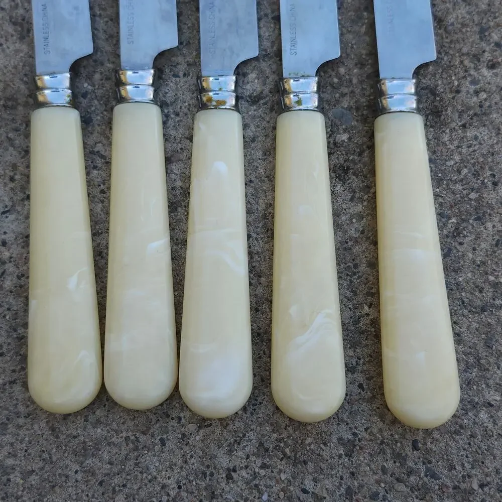 5 Pc Faux Mother Of Pearl Handle Dinner Steak Knives Stainless China Cream Lot